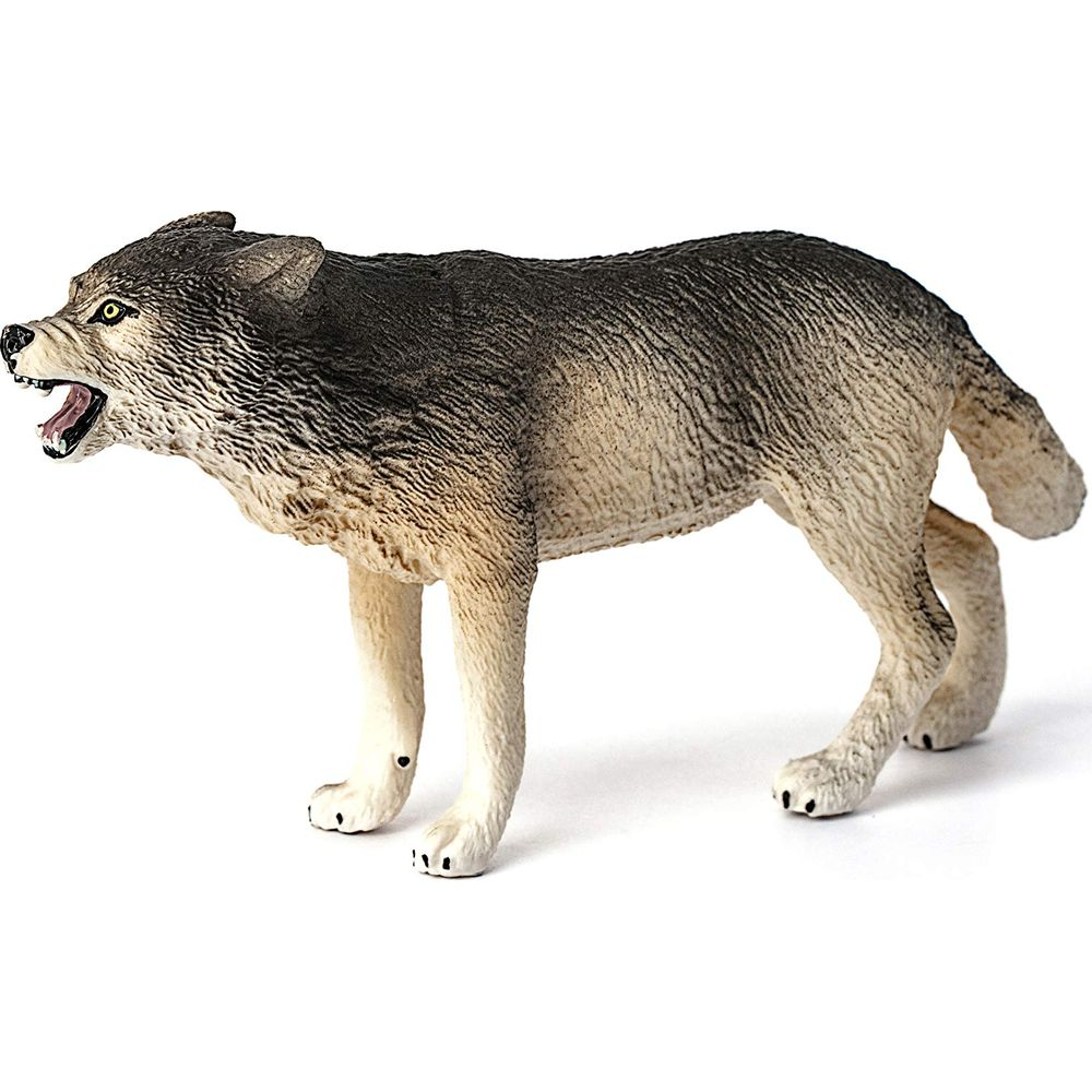 Realistyczny wilk-zabawka z otwartym pyskiem, szczegółowym futrem i żółtymi oczami.