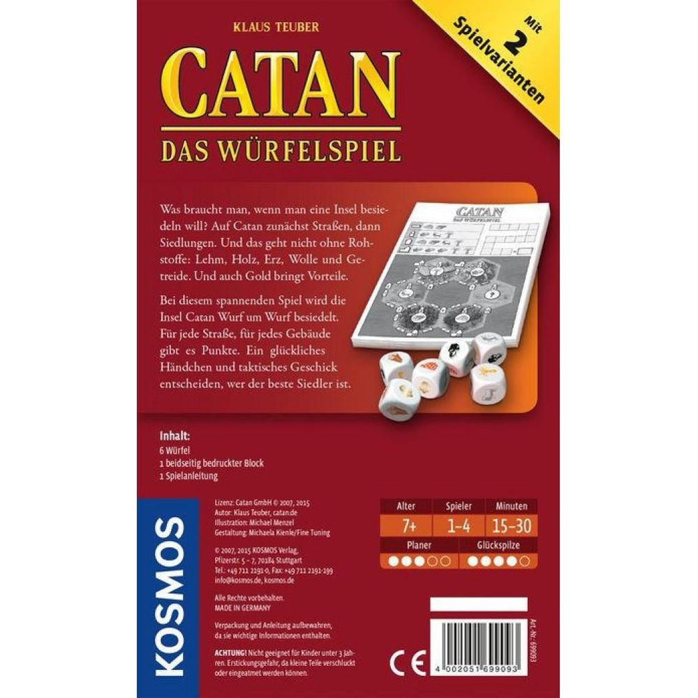 Catan Würfelspiel: Würfel, Spielplan und Spielanleitung auf dem Cover.
