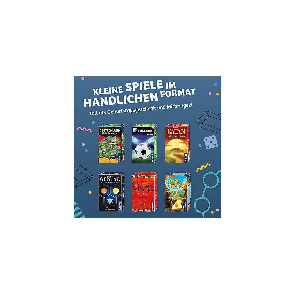 Sechs kleine Kosmos-Spieleboxen auf blauem Hintergrund mit Illustrationen.