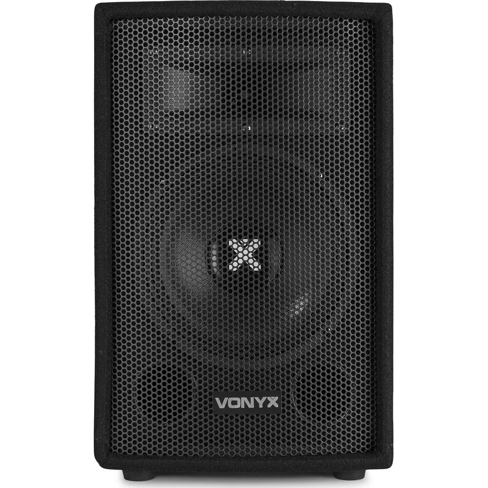 Un altavoz negro con un logo de Vonyx y un símbolo X en la rejilla.