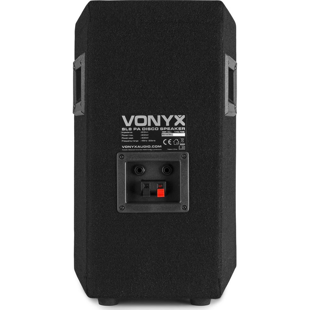 Altavoz disco PA Vonyx negro con panel de conexión y especificaciones.