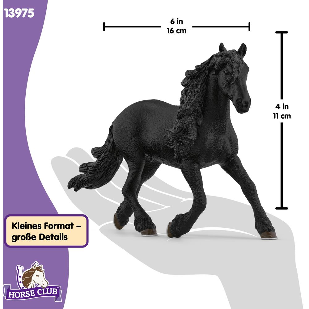 Czarny model konia z grzywą, 16 cm długi i 11 cm wysoki.