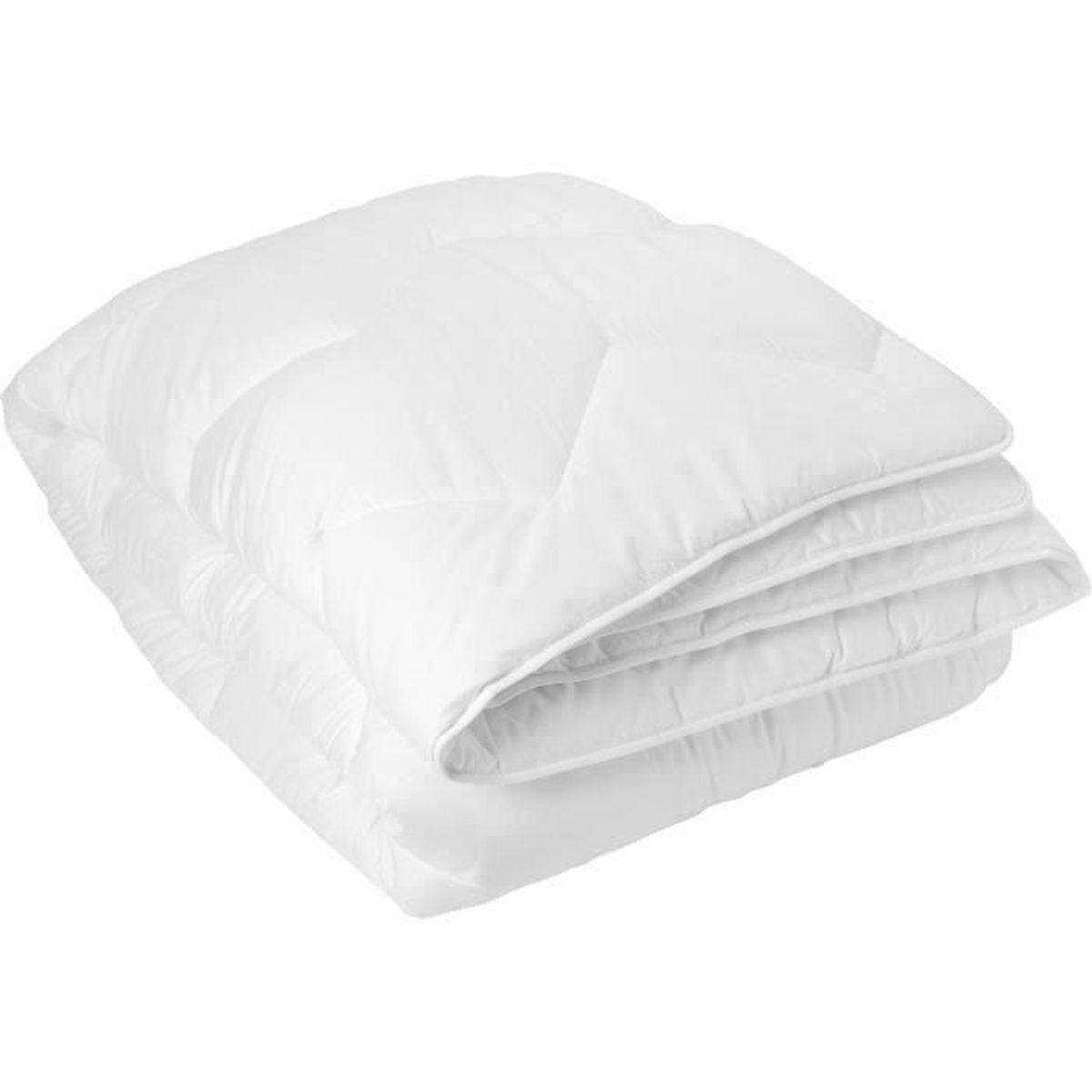 Ein weißer Steppbett, auf sich selbst gefaltet, mit sichtbaren Nähten.