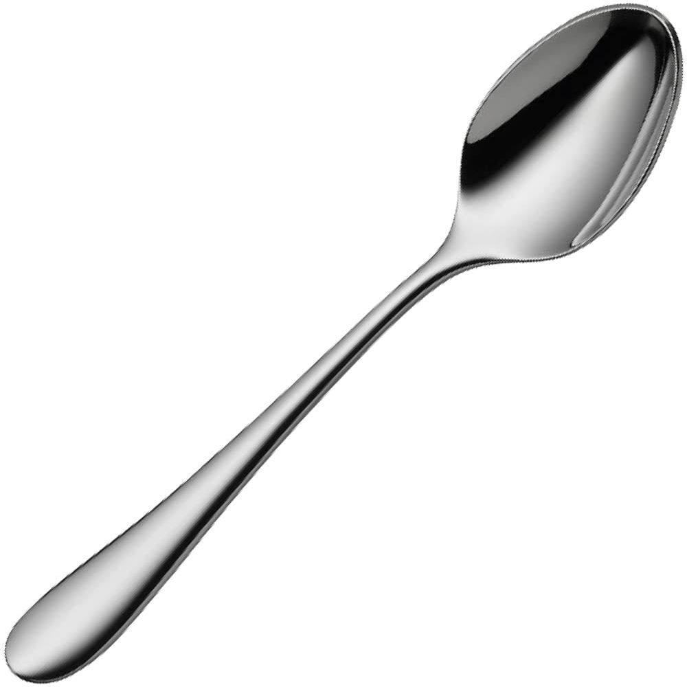 Une cuillère argentée à tête ovale et long manche sur fond blanc.