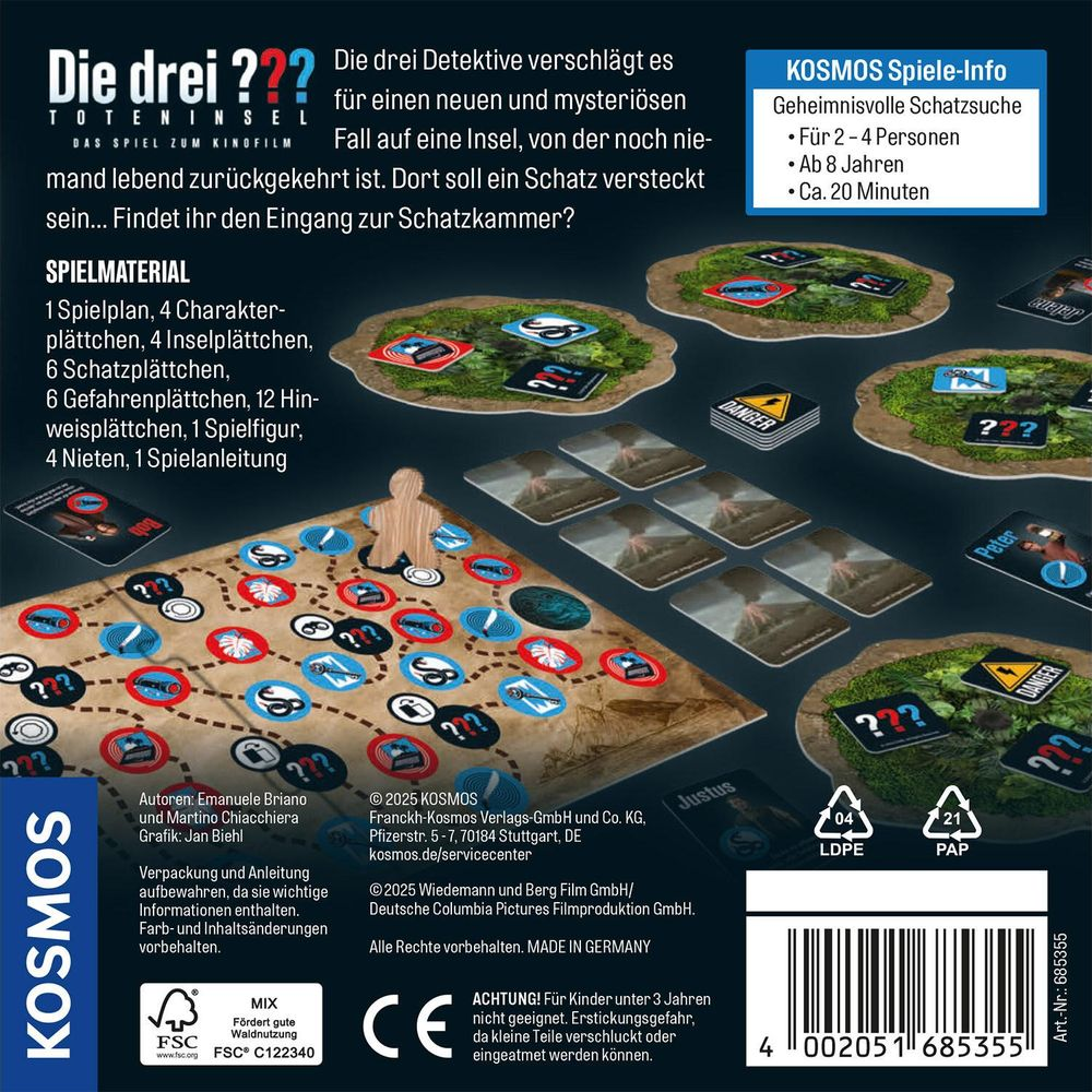 Scatola gioco da tavolo: I tre ??? Isola dei Morti. Materiale di gioco e tabellone mostrati.