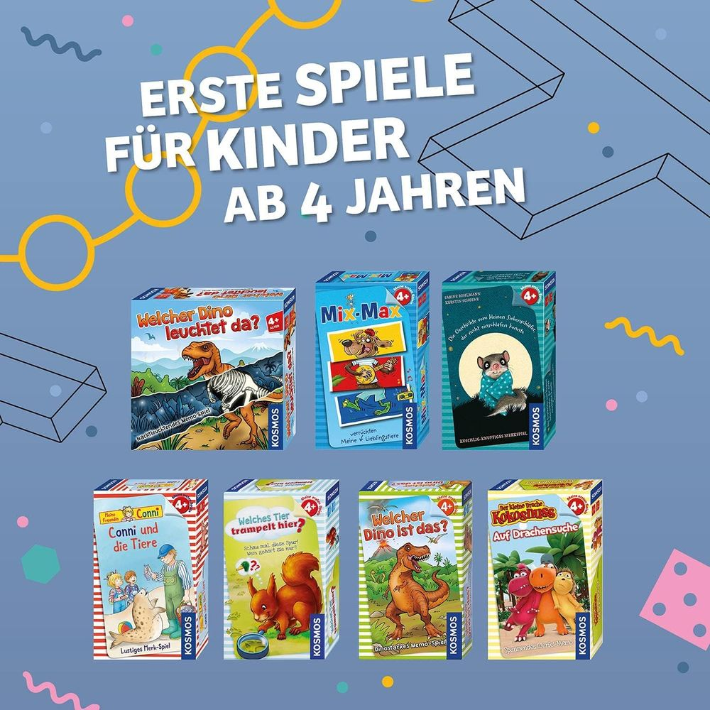Mehrere Brettspiele für Kinder ab 4 Jahren mit bunten Motiven wie Dinosauriern und Tieren.