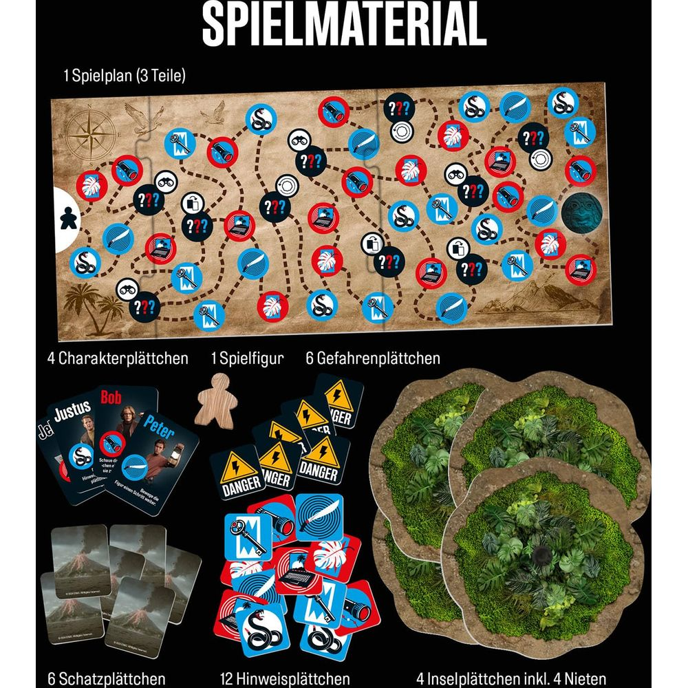 Materiale di gioco: tabellone, carte personaggio, pedina, tessere pericolo, tesoro, indizio e isola.