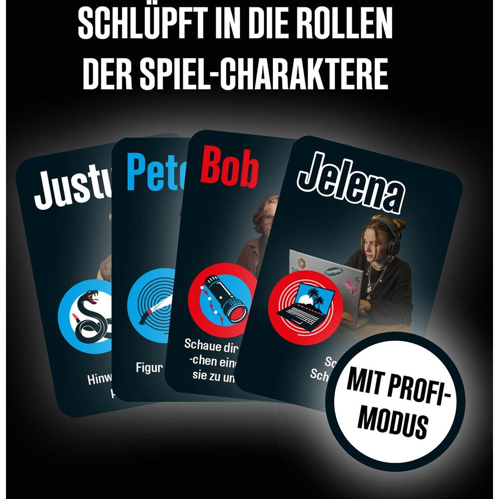 Carte da gioco con personaggi: Justi, Petri, Bob, Jelena. Con simboli e testo.