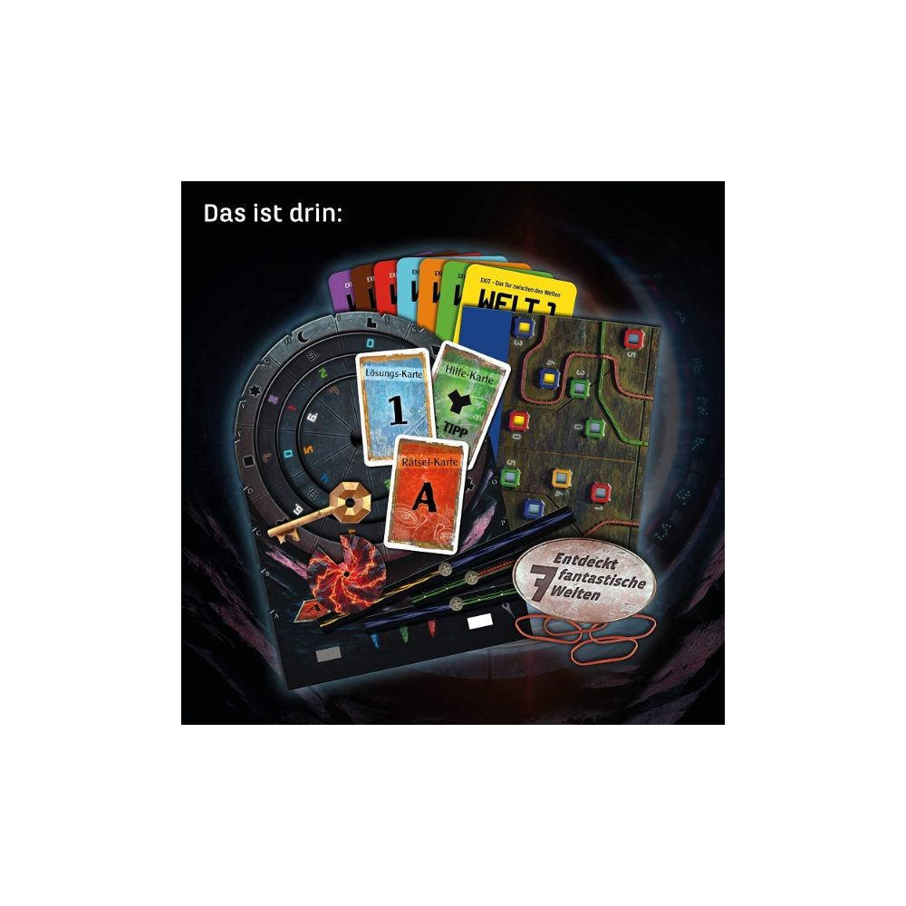 Composants du jeu : cartes, un plateau, une clé et une roue avec des chiffres.