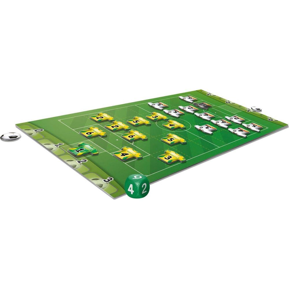 Fußballbrettspiel mit gelben und weißen Spielern und einem Würfel.