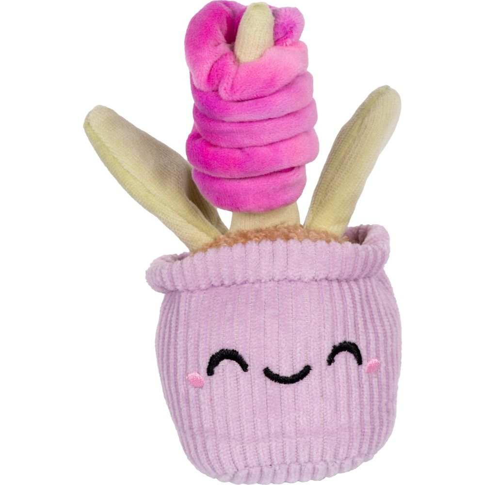 Ein lilafarbenes Plüschtopf-Spielzeug mit einem rosa Blumenkopf und grünen Blättern.