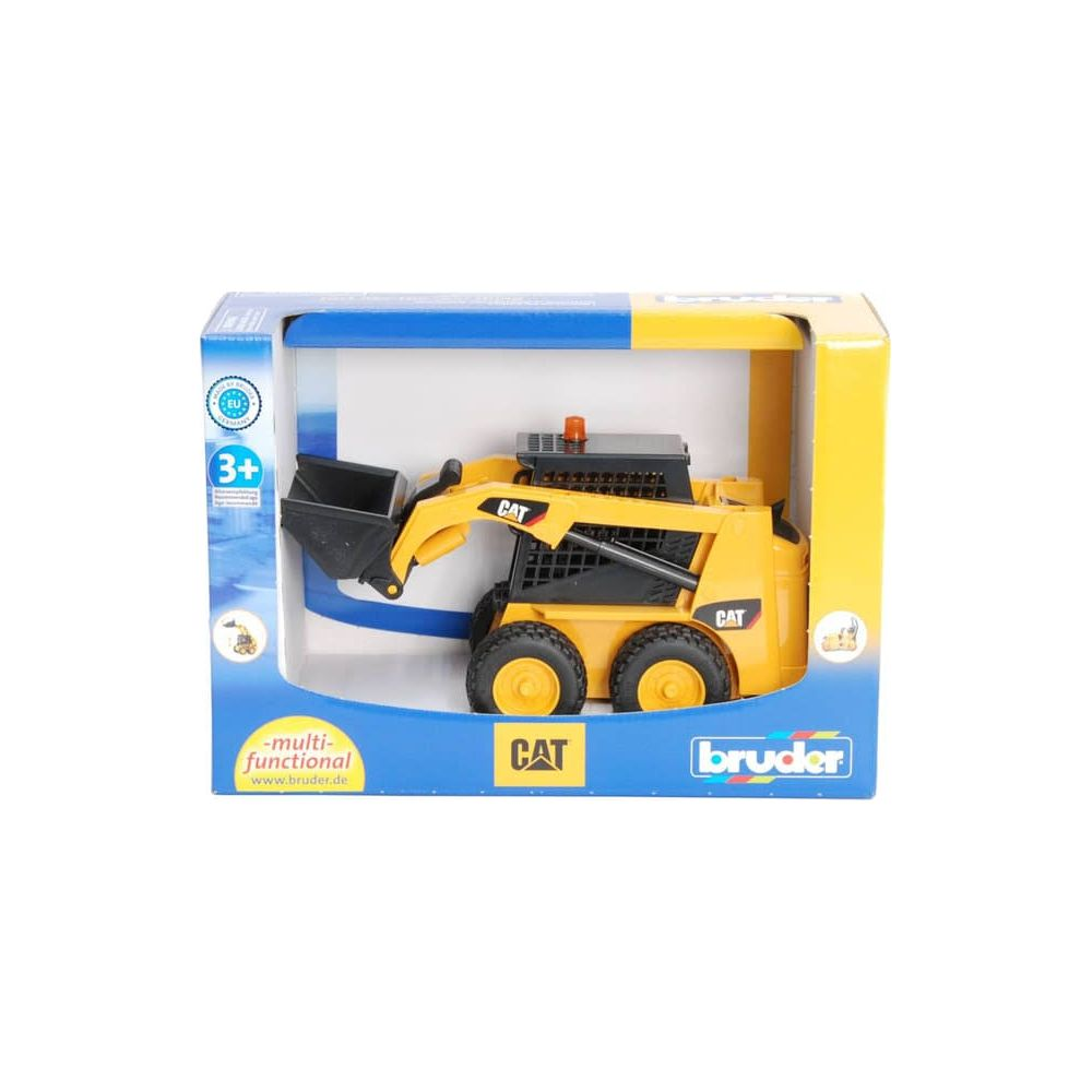 Żółta ładowarka gąsienicowa CAT zabawkowa w pudełku z niebiesko-żółtym tłem.