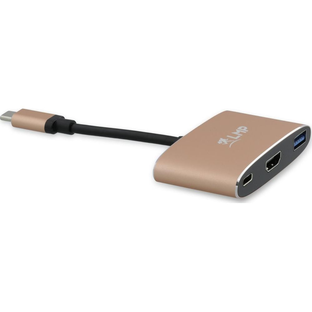 Ein roségoldener USB-C-Hub mit HDMI-, USB-A- und USB-C-Anschlüssen.