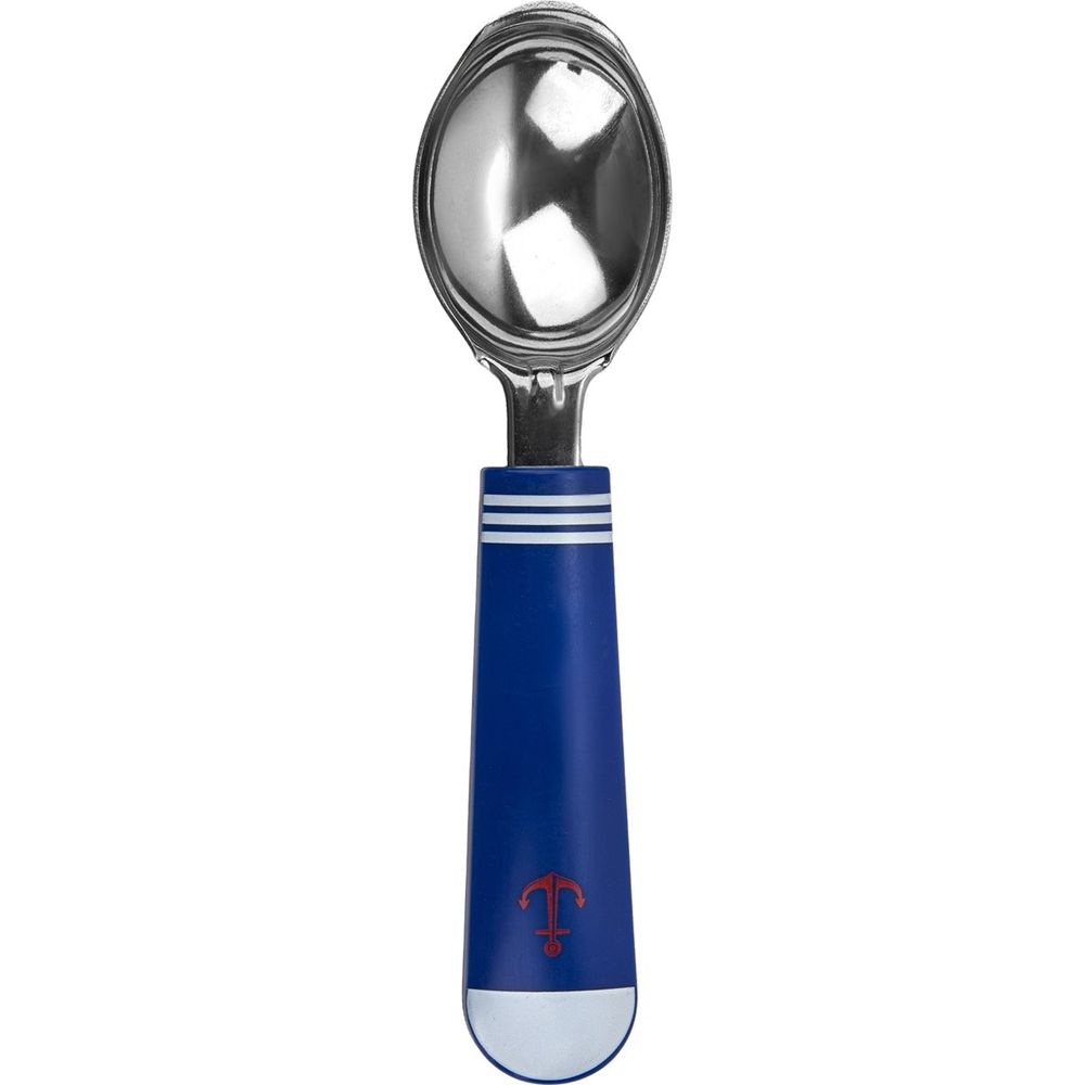 Ein metallischer Eisportionierer mit blauem Griff und einem roten Anker-Symbol.