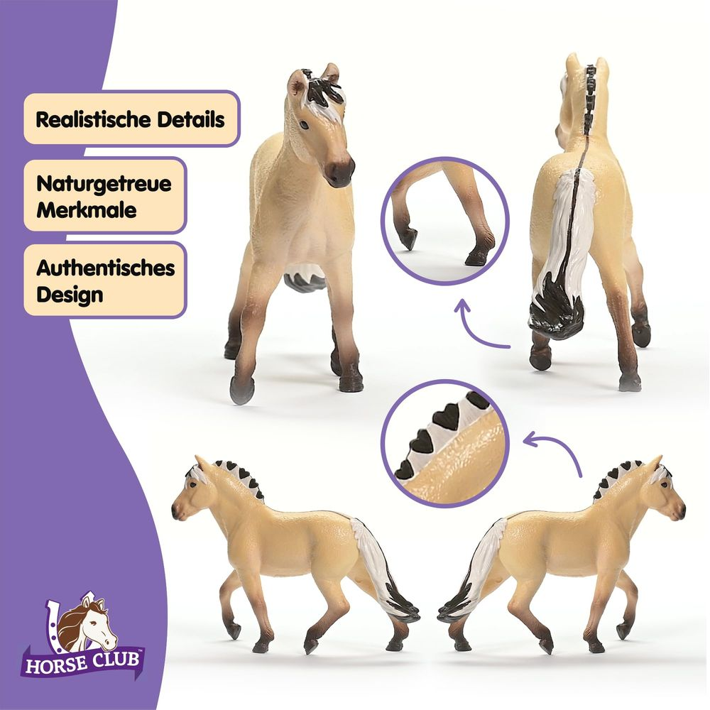 Beżowa figurka konika do zabawy z czarno-białymi akcentami, różne widoki.