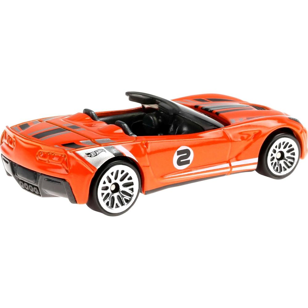 Coche de juguete Hot Wheels naranja con rayas negras y el número 2.