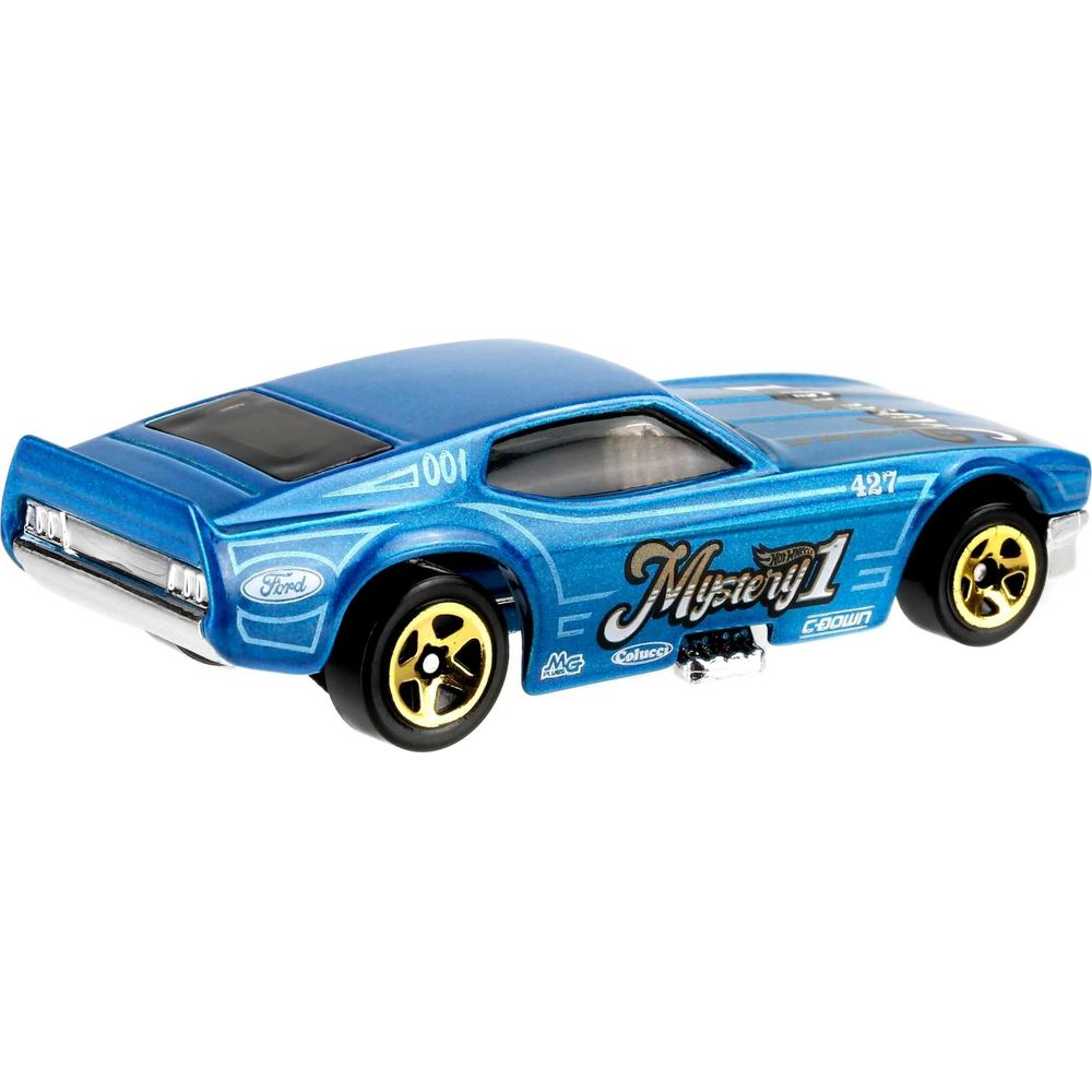 Coche de juguete azul Hot Wheels con llantas doradas. Logos Ford y Mystery 1.
