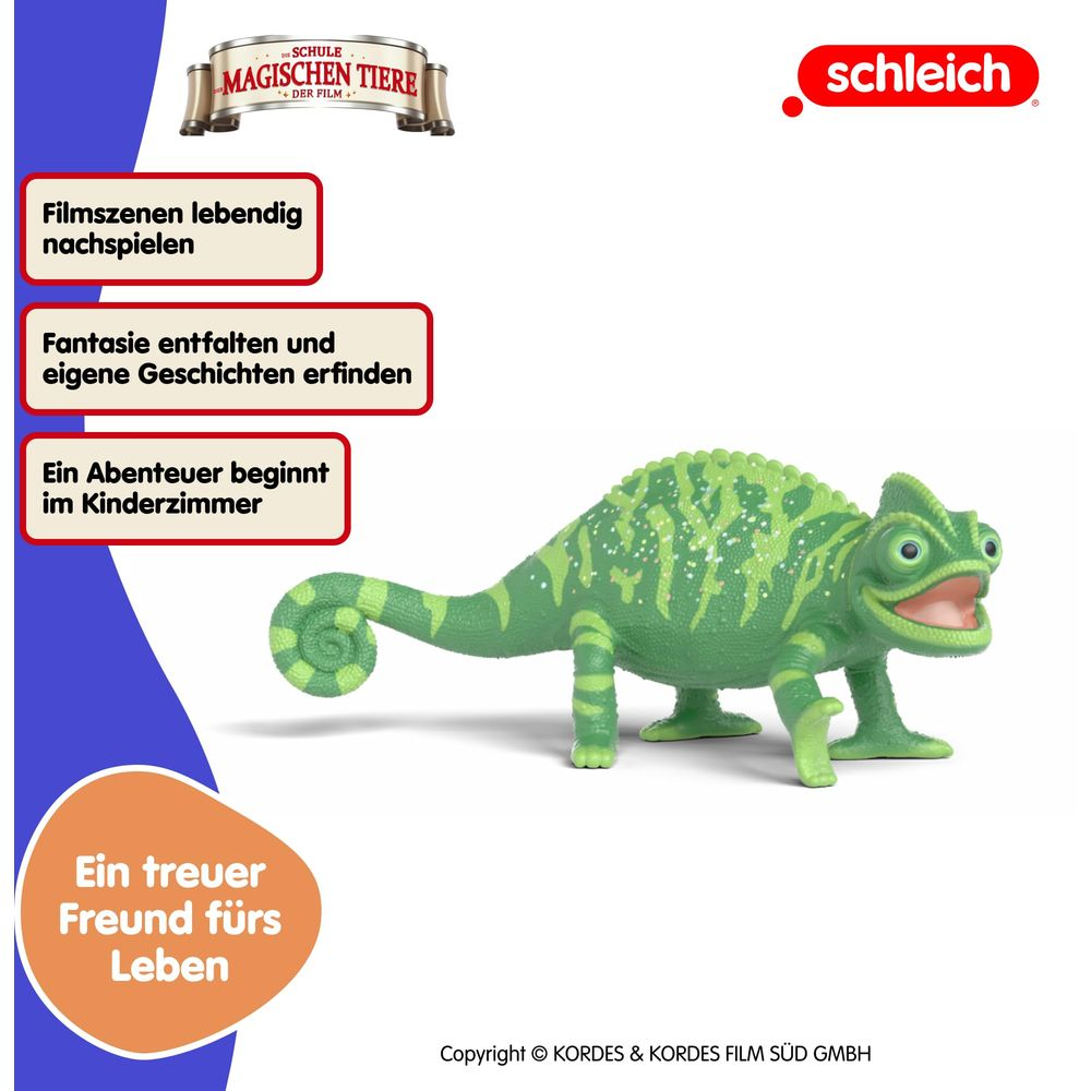 Zielony, zabawkowy kameleon z białymi plamkami stoi na białej powierzchni. Tekst promuje zabawę w wyobraźnię.