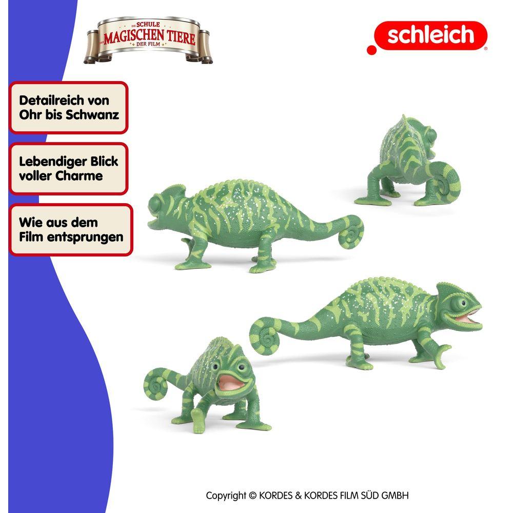 Cztery zielone, zabawki kameleony z detalami i białymi plamkami.