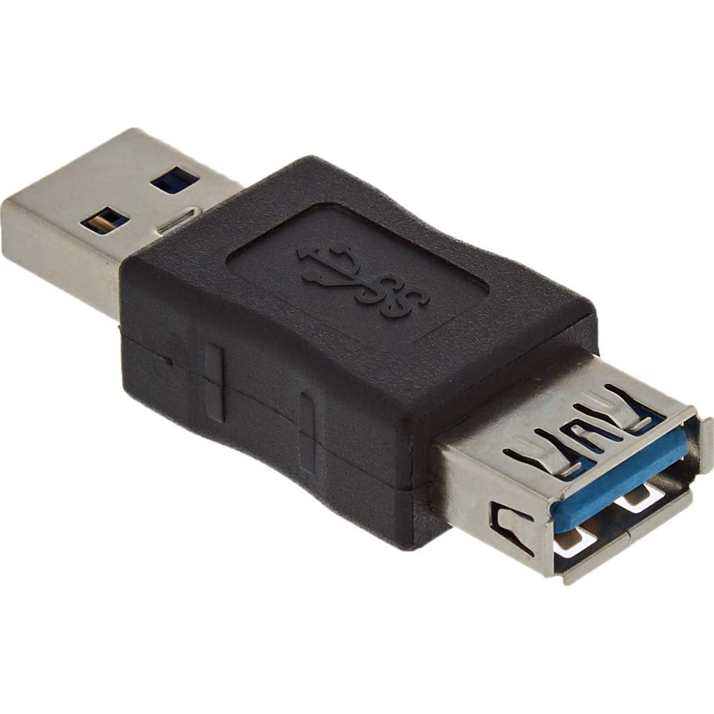 Czarny adapter USB 3.0 ze złączami męskim i żeńskim.