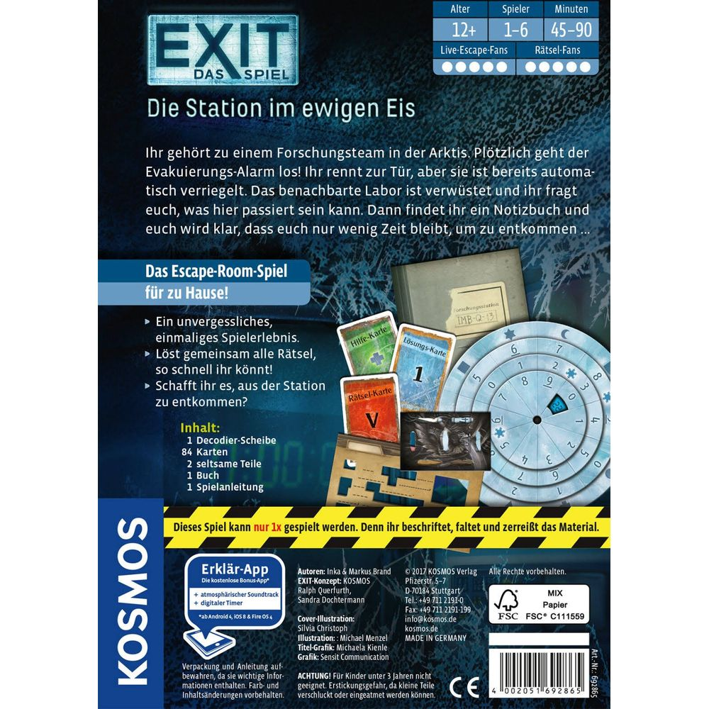 Spielbox für EXIT Das Spiel: Die Station im ewigen Eis mit Spielkomponenten.