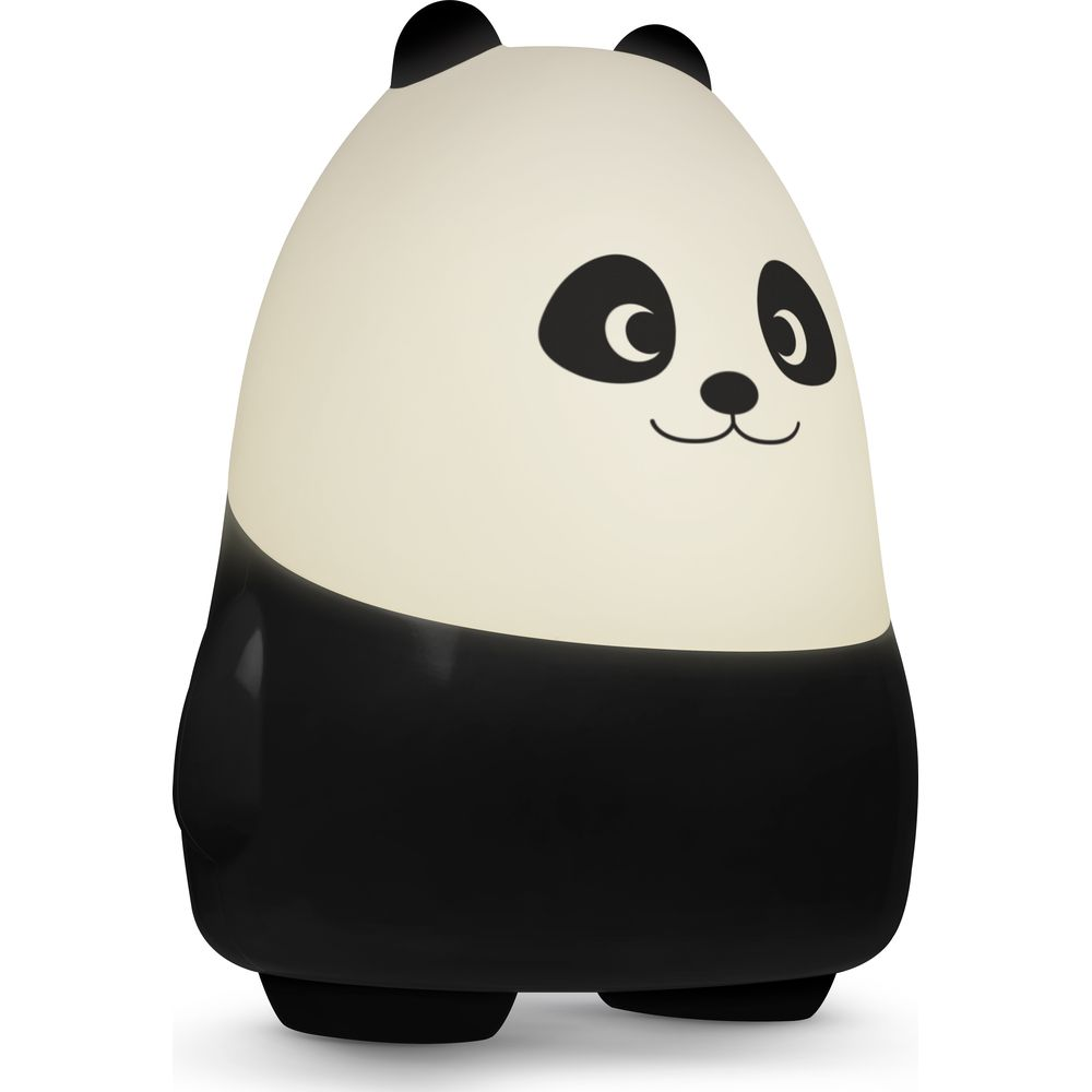 Une lampe panda illuminée avec oreilles, yeux et bas du corps noirs.