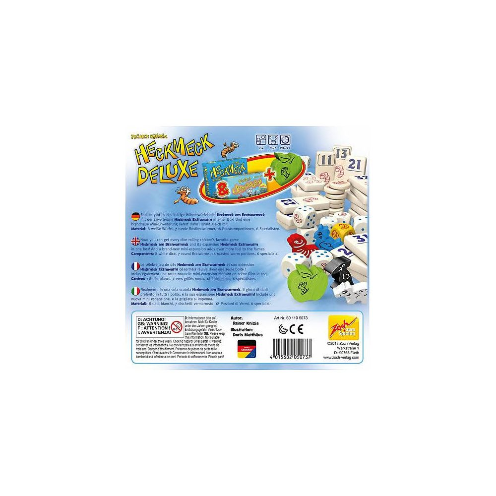 Das Spiel Heckmeck Deluxe mit Erweiterungen, Würfel und Würmer-Figuren.