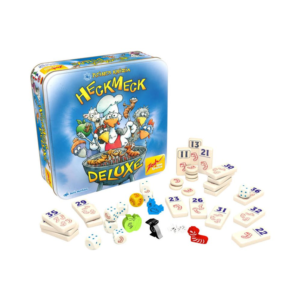 Das Spiel "Heckmeck Deluxe" von Reiner Knizia mit Spielsteinen und Würfeln.
