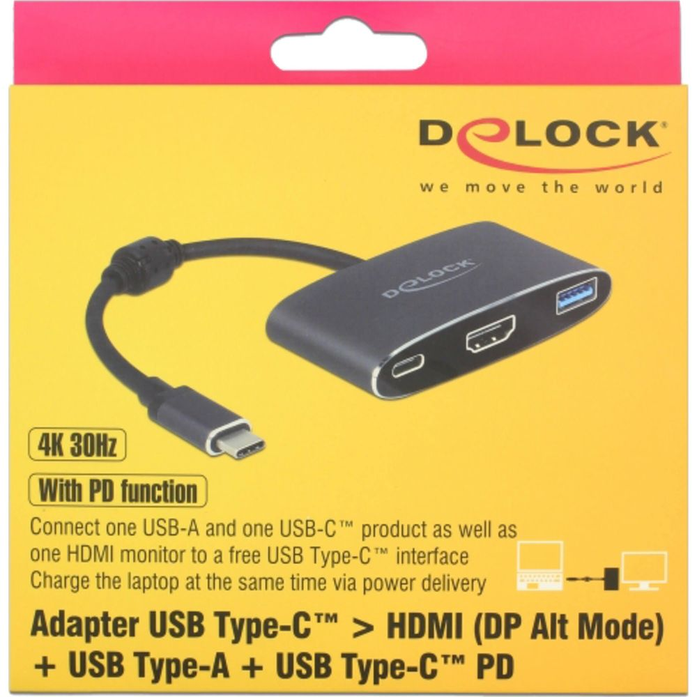 Ein grauer USB-C-Adapter mit HDMI-, USB-A- und USB-C-Anschlüssen auf gelbem Karton.