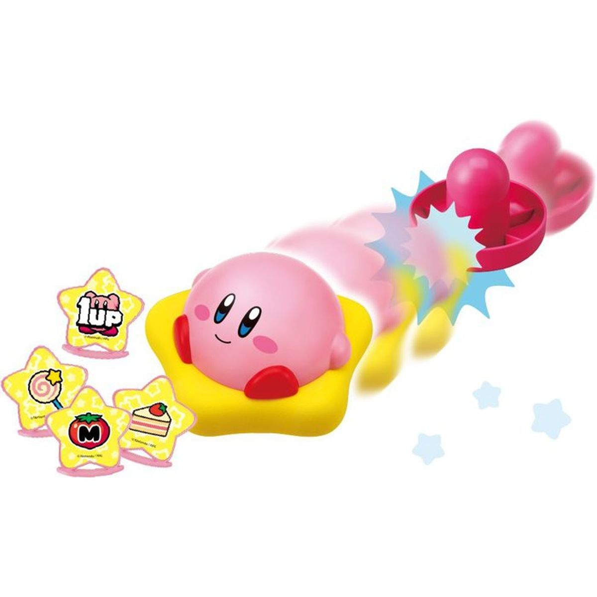 Kirby auf einem gelben Stern, der von Sternen und Spielgegenständen umgeben ist.