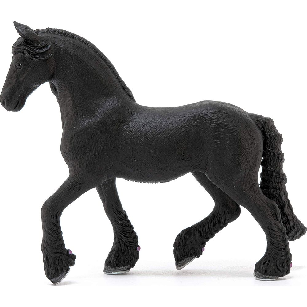 Figurina di cavallo nero con criniera lunga e coda folta.