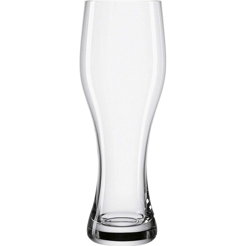 Ein klares, leeres Bierglas mit schmalem Boden und breiterer Öffnung.