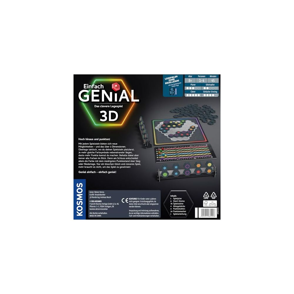 Brettspiel "Einfach Genial 3D" mit Spielplan, Steinen und Anleitung. Alter 8+.