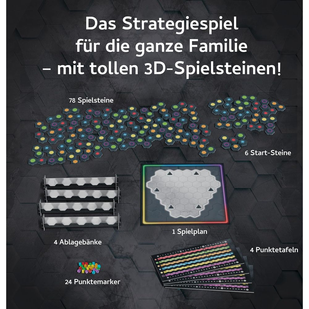 Spielbrett mit 78 Spielsteinen, 6 Startsteinen, 4 Ablagebänken, 24 Markern, 4 Tafeln.