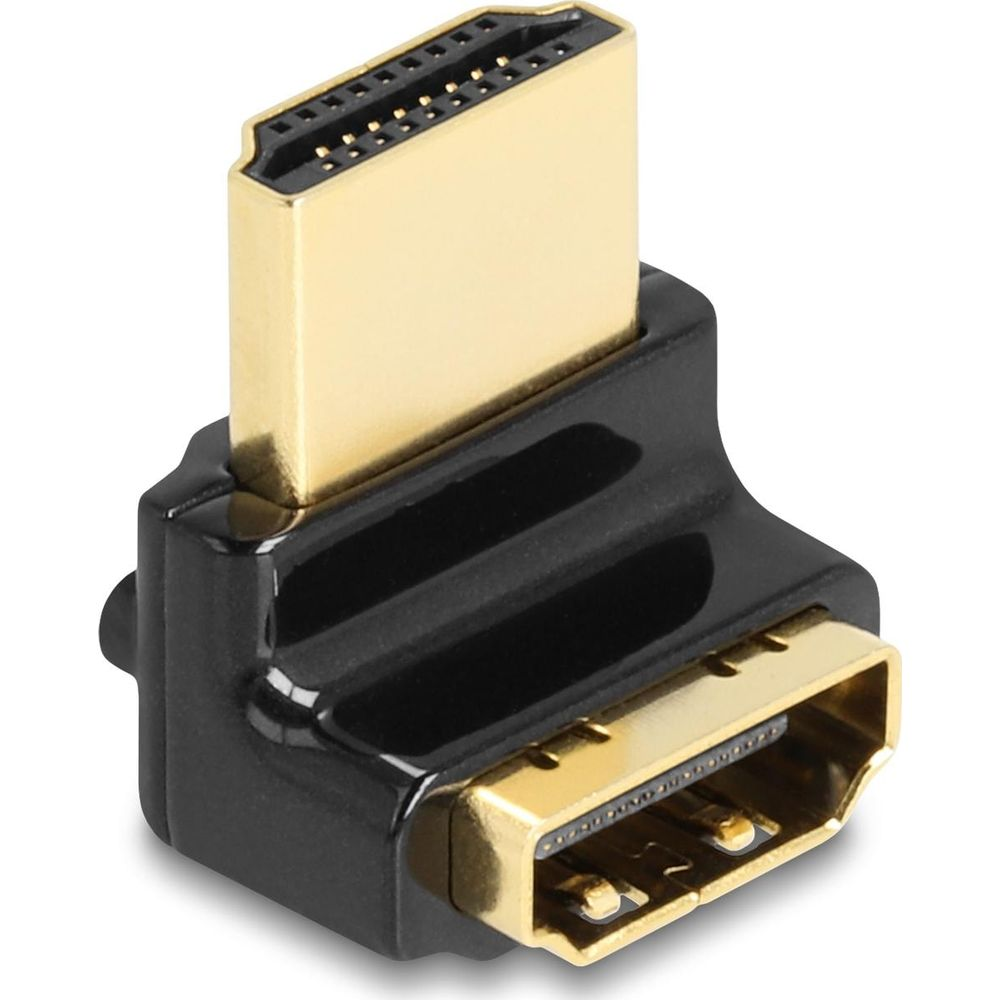 Un adaptador HDMI negro con conectores dorados, que cambia de dirección.