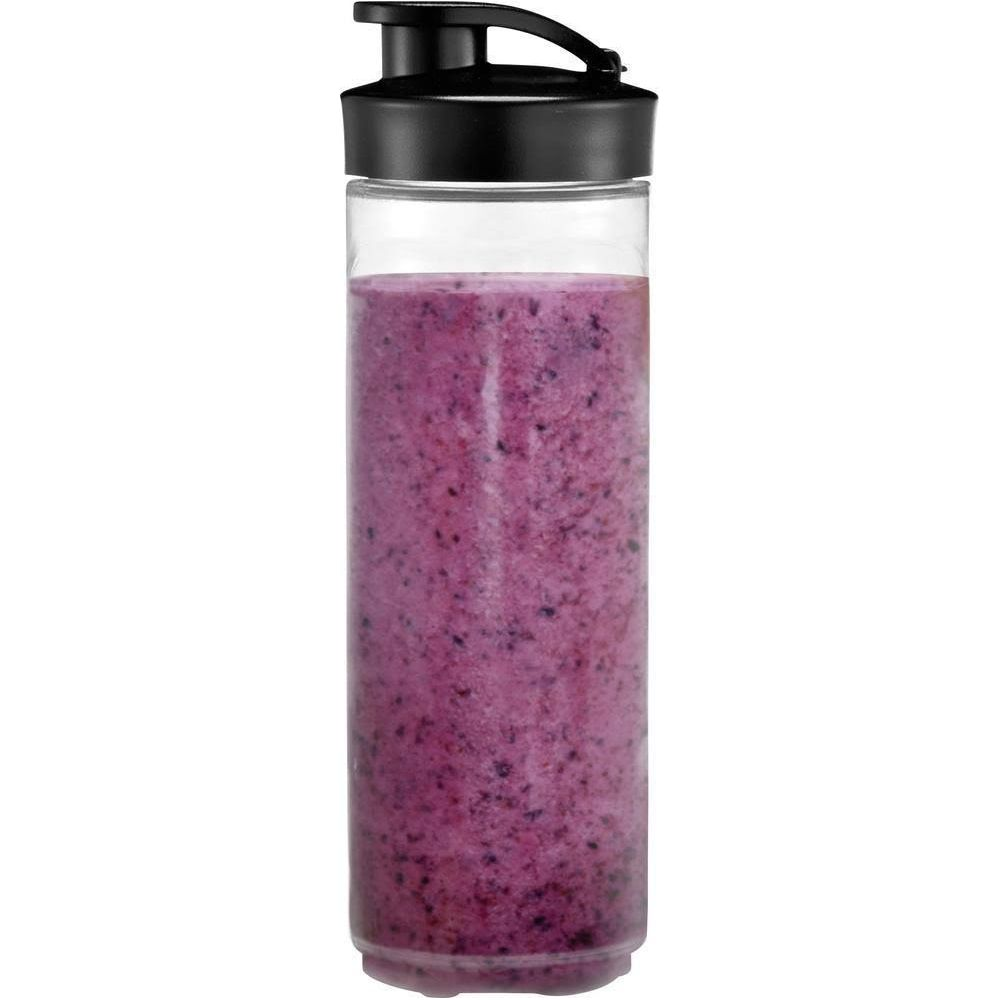 Ein Glas mit Beeren-Smoothie und schwarzem Deckel.