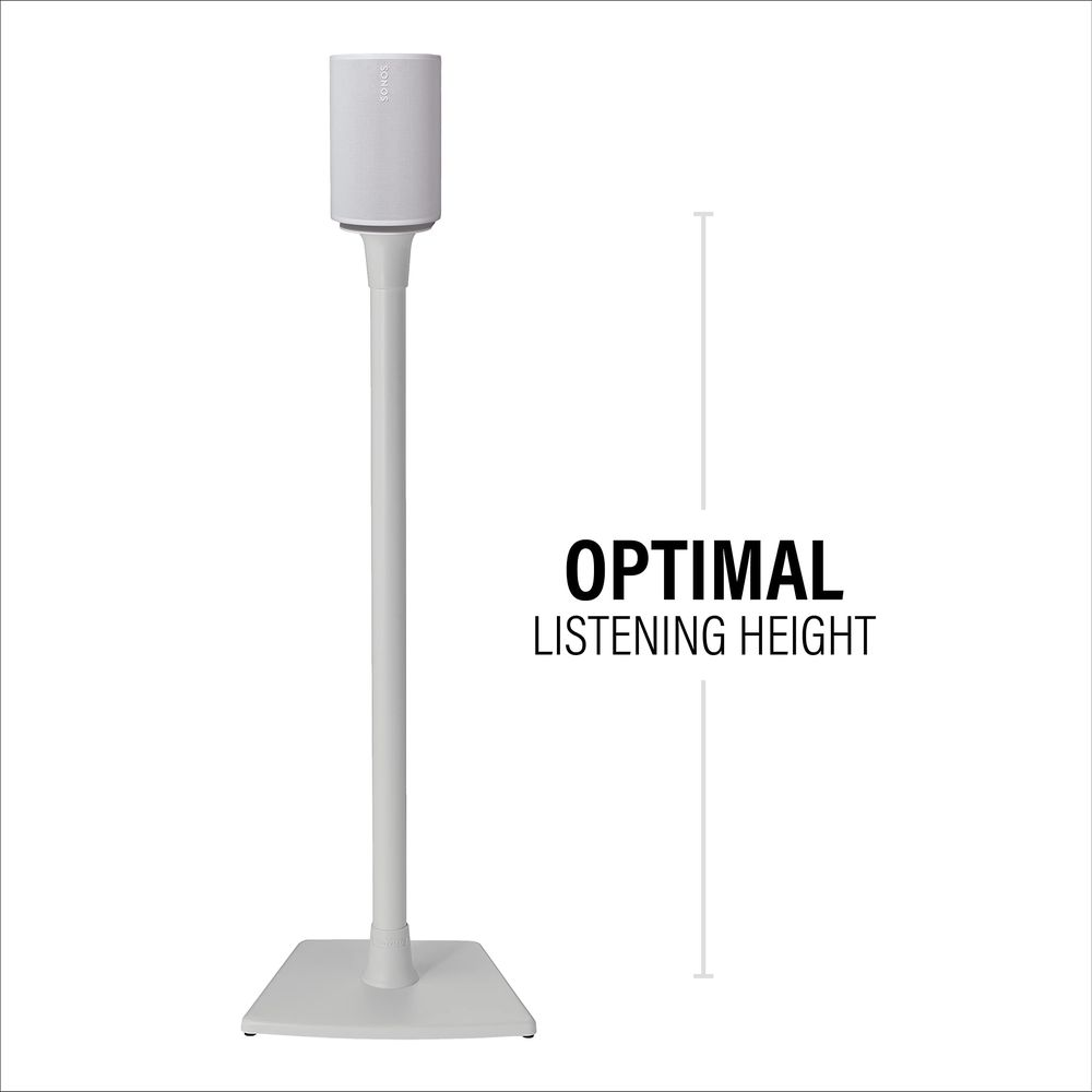 Een witte luidsprekerstandaard met tekst OPTIMAL LISTENING HEIGHT.