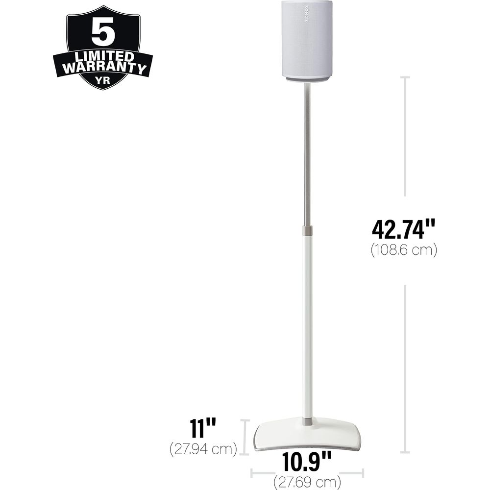 Een witte Sonos luidspreker op een witte standaard met afmetingen.