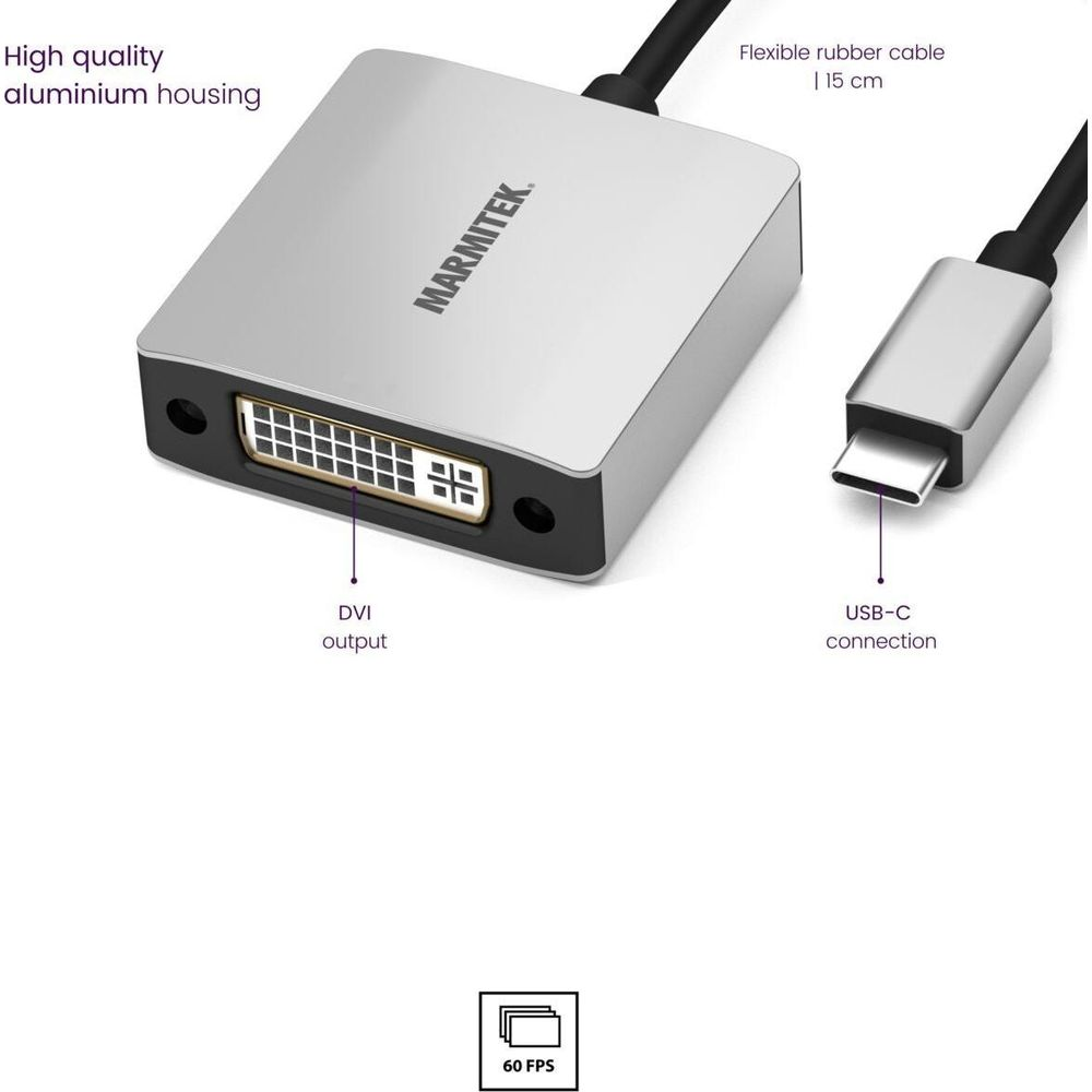 Marmitek DVI zu USB-C Adapter mit Aluminiumgehäuse, flexiblem Kabel.