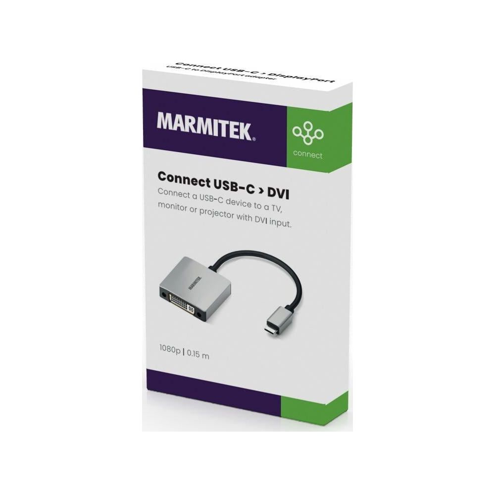 Marmitek USB-C zu DVI Adapter mit einem DVI-Port und einem USB-C Stecker.