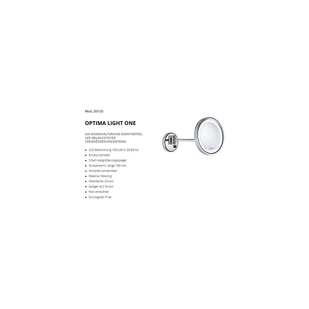 Ścienny lustro LED z ramieniem obrotowym, chrom, średnica 216 mm.