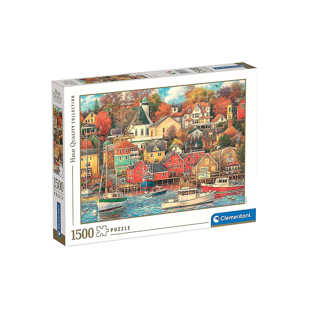 Pudełko z puzzlami przedstawiające miasto portowe z łodziami na wodzie.