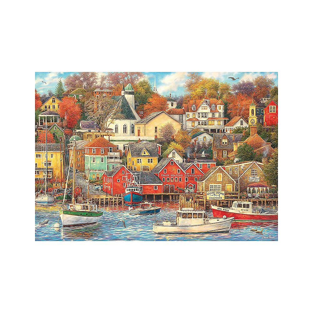 Łodzie w porcie z kolorowymi domami i jesiennymi drzewami.