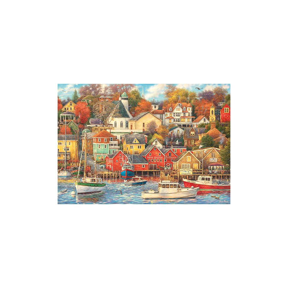 Kolorowe budynki nad brzegiem portu z łodziami. Jesienne drzewa pokazują czerwono-pomarańczowe liście.