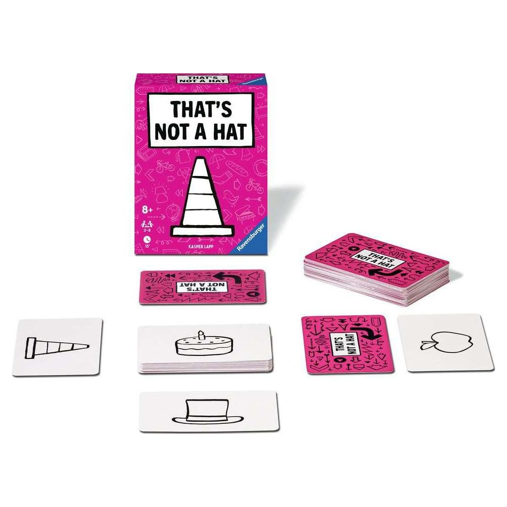 Spiel "That's Not a Hat" mit Karten und Box. Kegel, Kuchen, Hut, Apfel.