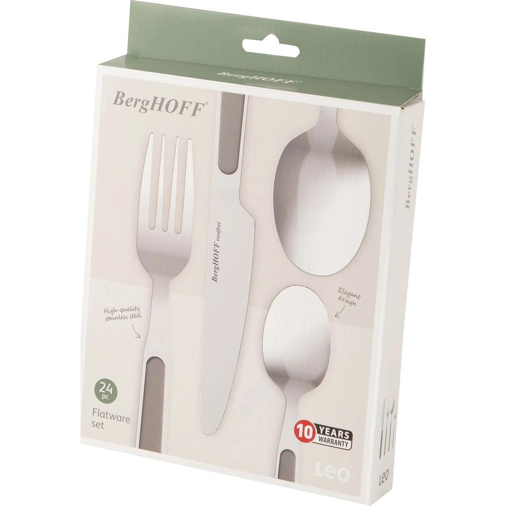 Box of a BergHOFF 24-piece stainless steel flatware set.