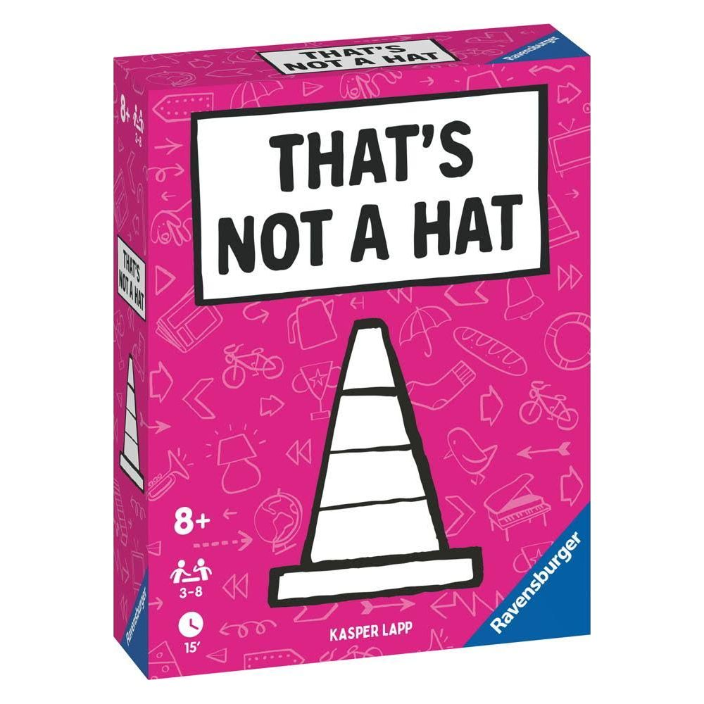Verpackung des Spiels "That's Not a Hat" von Ravensburger in Pink mit Illustrationen.