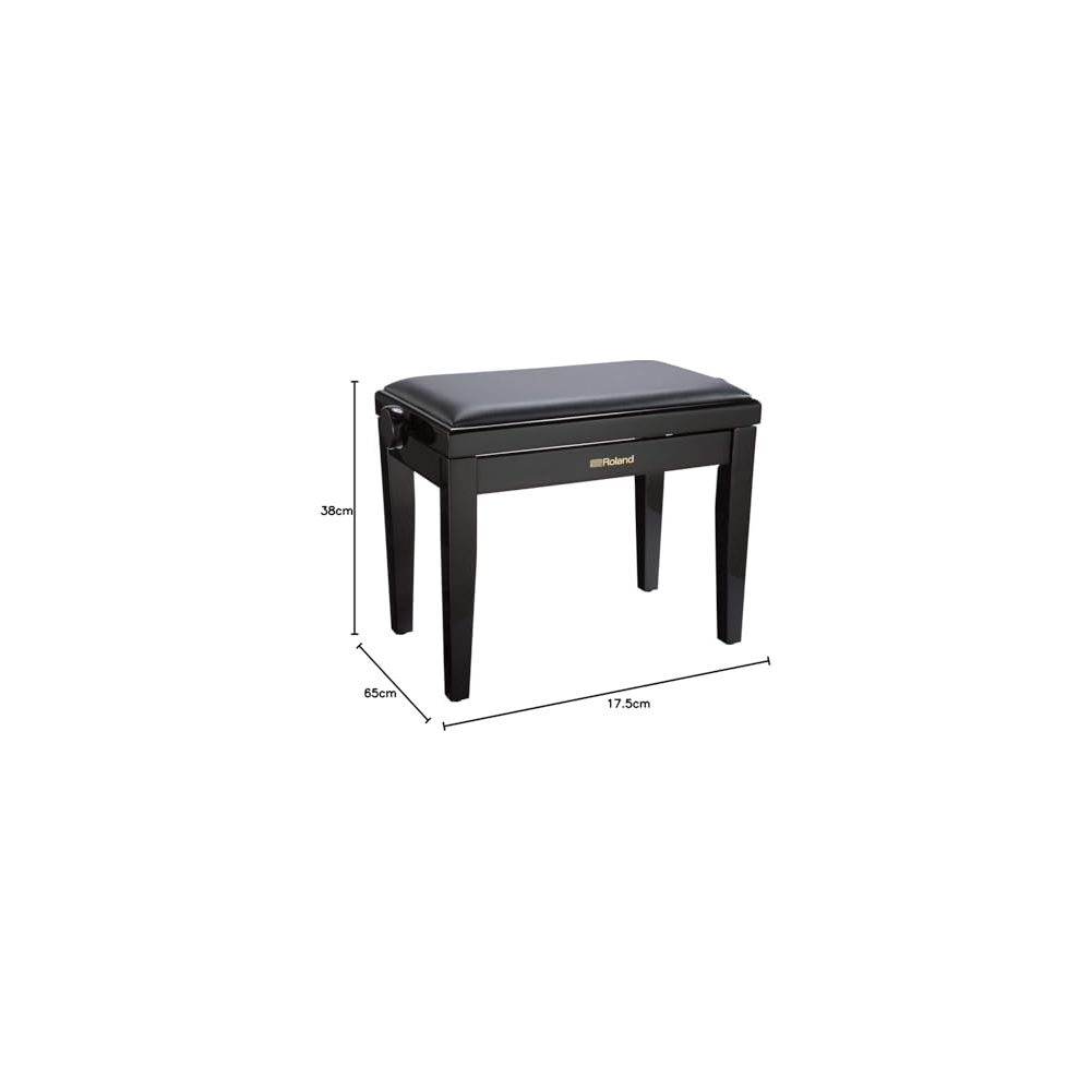 Een zwarte pianokruk met afmetingen 65cm x 17.5cm x 38cm.
