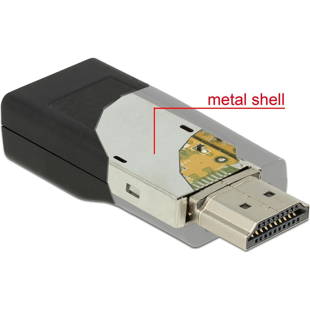 Czarny adapter z metalową obudową i odsłoniętą płytką drukowaną.