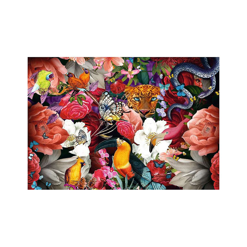 Ein bunter Dschungel mit Tieren und Blumen: Leopard, Schlange, Tukan, Flamingos, Vögel, Schmetterlinge.